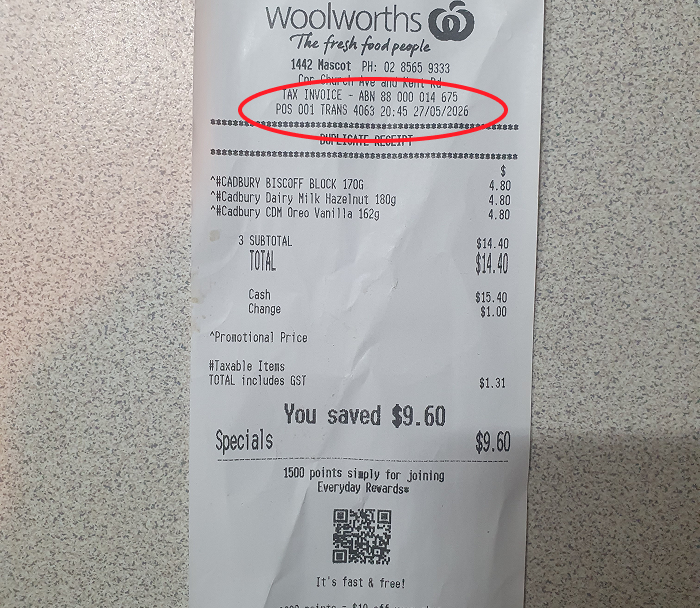 Example receipt with the receipt number and date circled